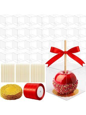 Clear Candy Apple Boxes - 100 Sets for Fall Harvest, Weddings & Parties, 4x4x4